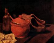 文森特 威廉 梵高 : 有陶器、瓶子和木屐的静物